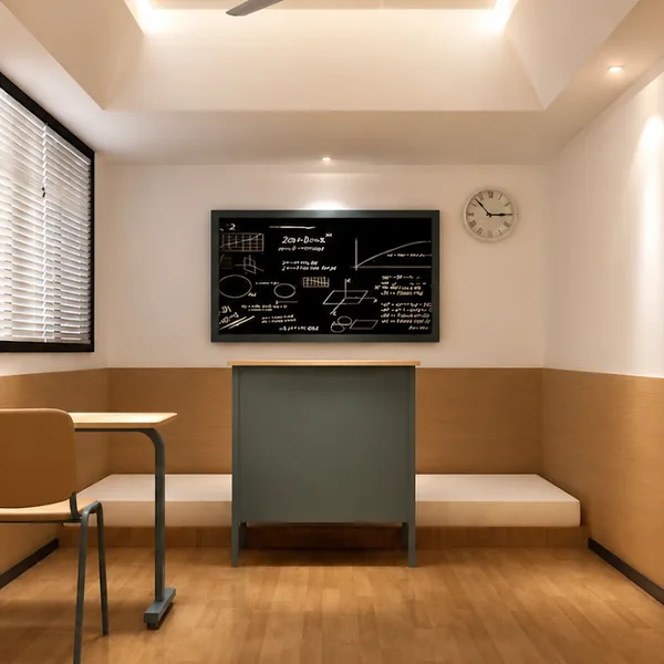 Classroom theme room with desks and a blackboard photo