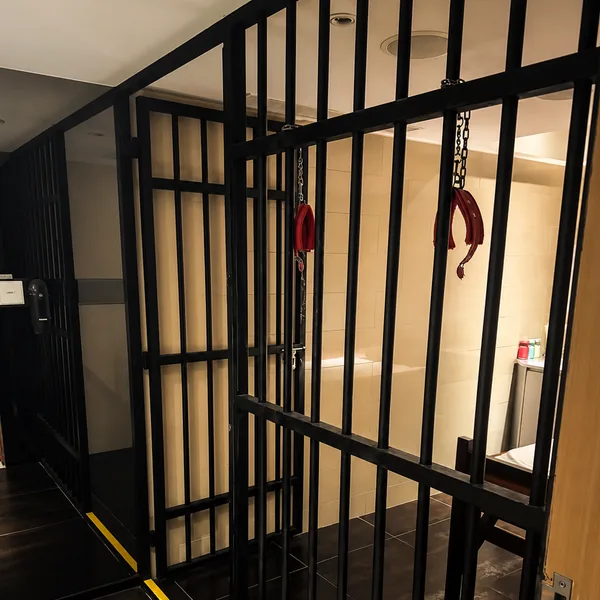 Jail-bar theme room with bold metal framing photo