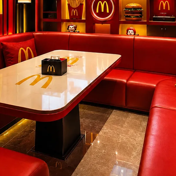 Restaurant booth theme room with red seating and dining details photo