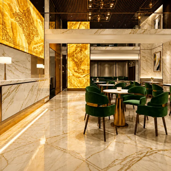 Marble dining lounge with green chairs and gold wall details photo