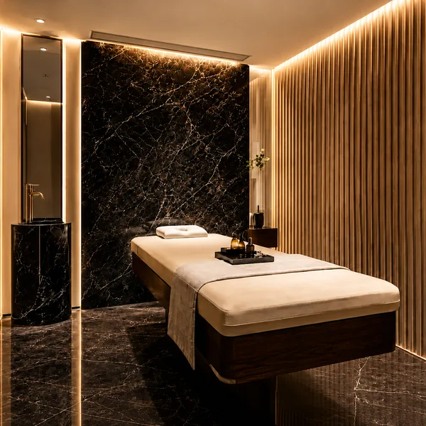 Private massage room with black-and-white marble and warm timber finishes for a clean photo