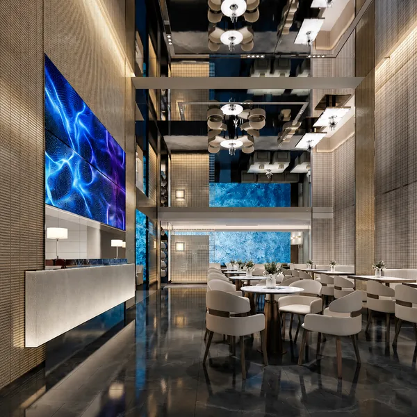 High-ceiling dining hall with screen wall photo