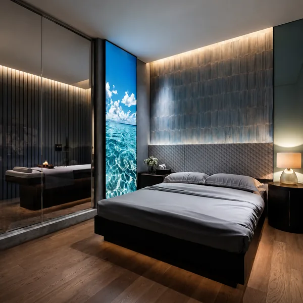 Window-side bedroom suite with darker wall finishes for a more private room feeling photo