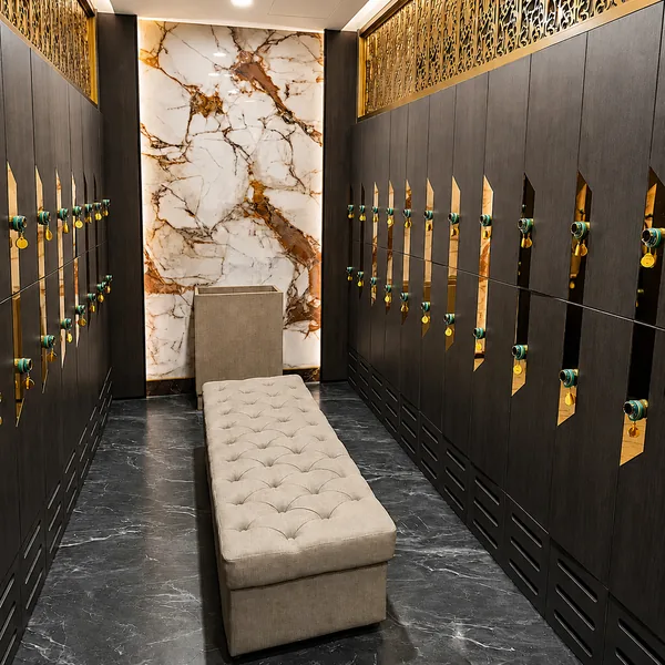 Black-gold locker room with marble feature wall photo