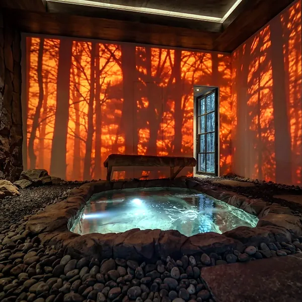 Japanese hot-spring theme room with stone pool and forest lighting for a slower mood photo