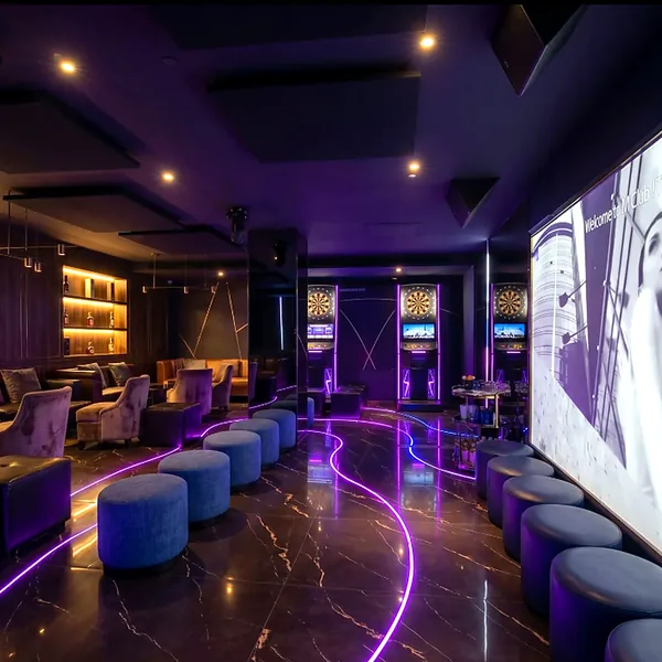 Neon sofa lounge with purple light lines photo